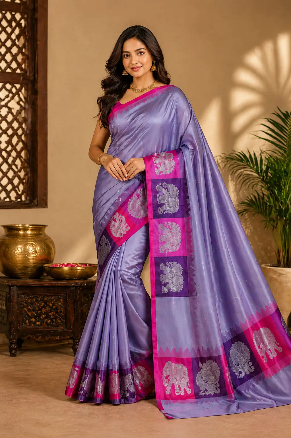 Lavender silk saree with pink border and floral paisley motifs, draped