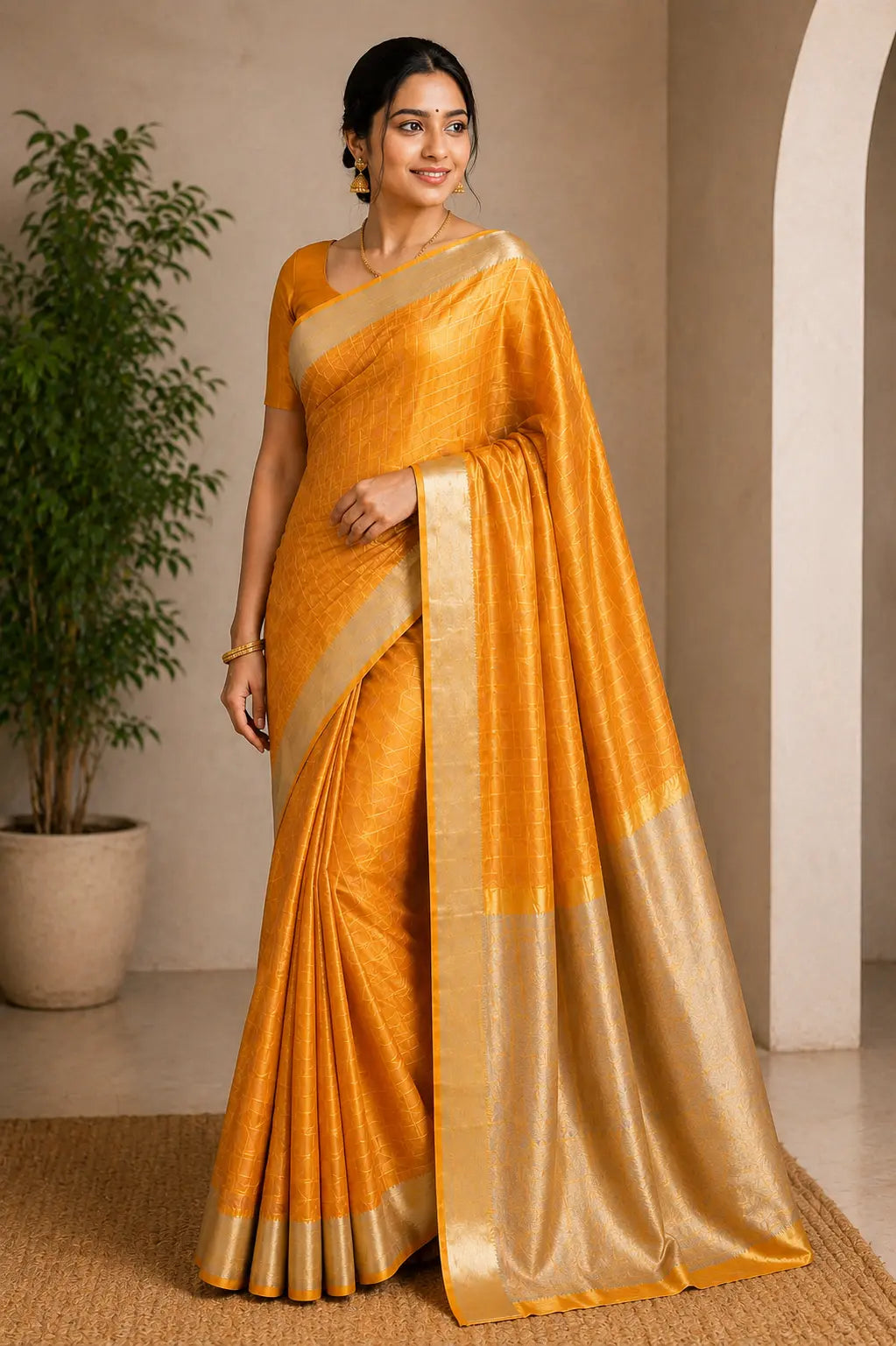 Mustard silk saree with gold border and draped pallu