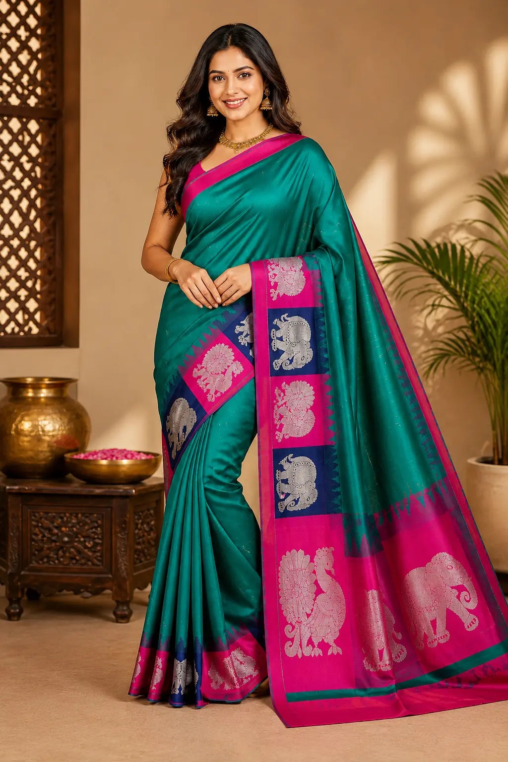 Teal green silk saree with magenta border and patterned pallu