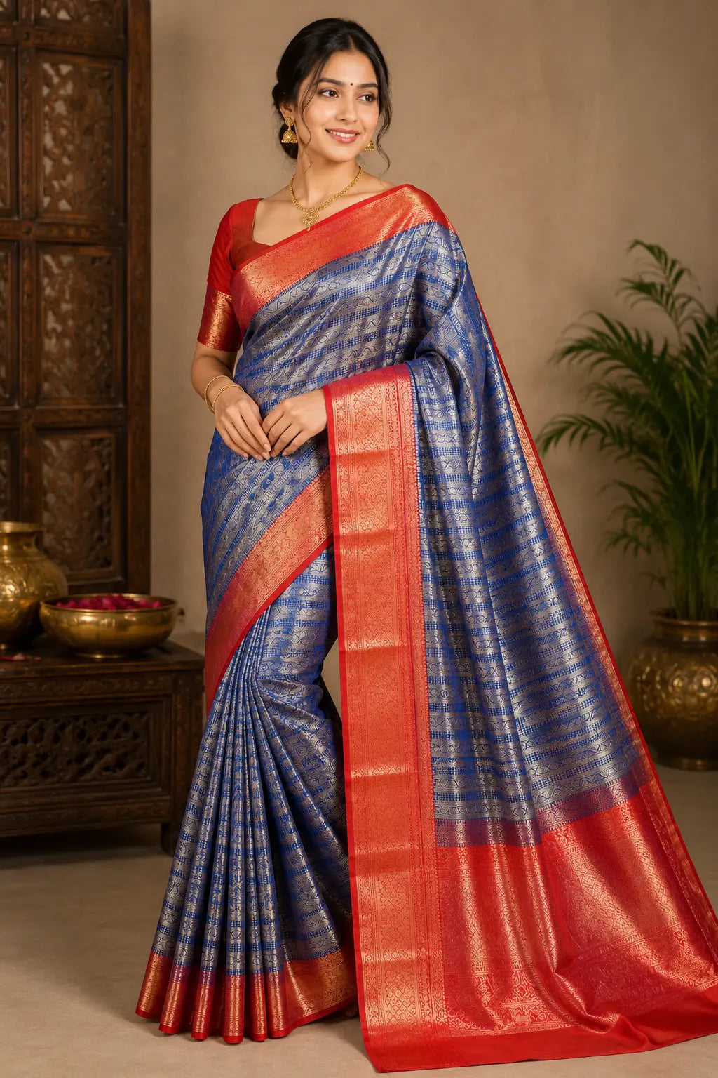 Kanchipuram silk saree in blue with red border and pallu, draped on model