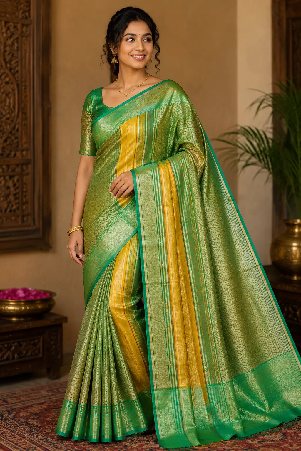 Green Kanchipuram silk saree with gold and yellow vertical stripes, draped on model