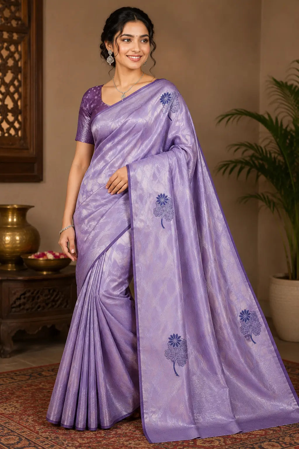 Lavender saree with floral motifs, pleated drape and decorative border