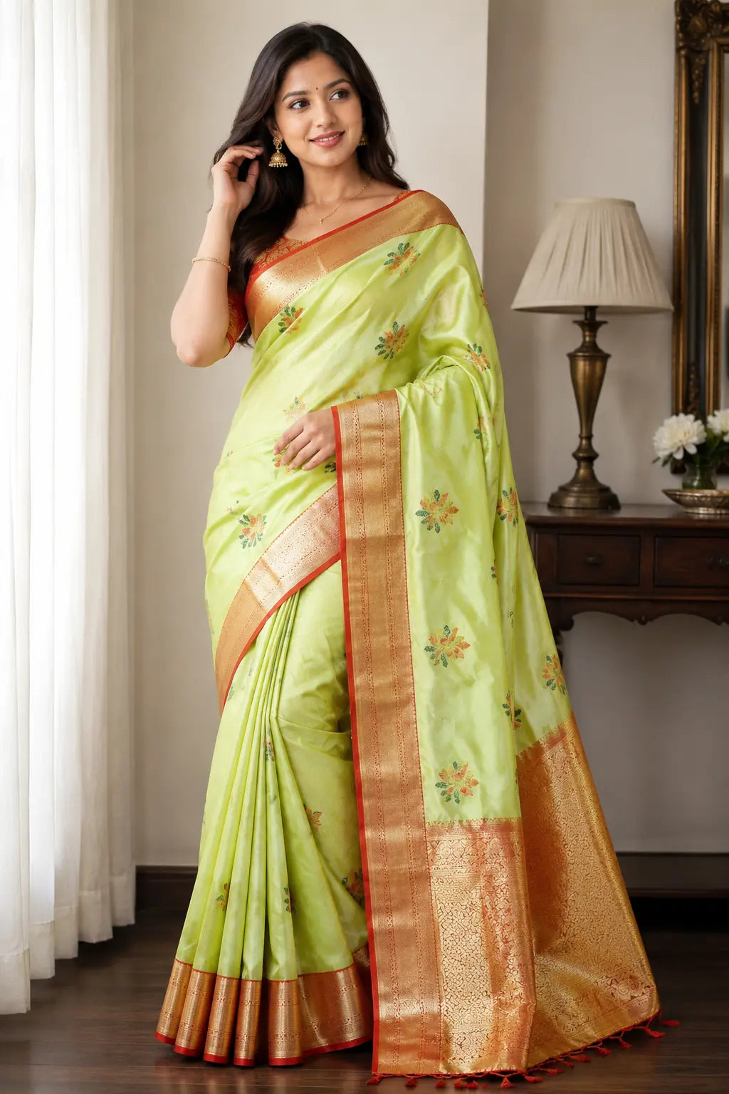 Light green silk saree with gold border and warm pink-red pallu