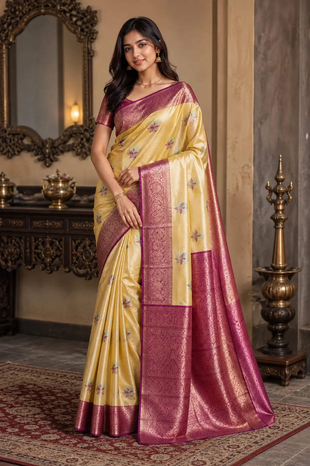 Golden yellow saree with magenta border and floral motifs