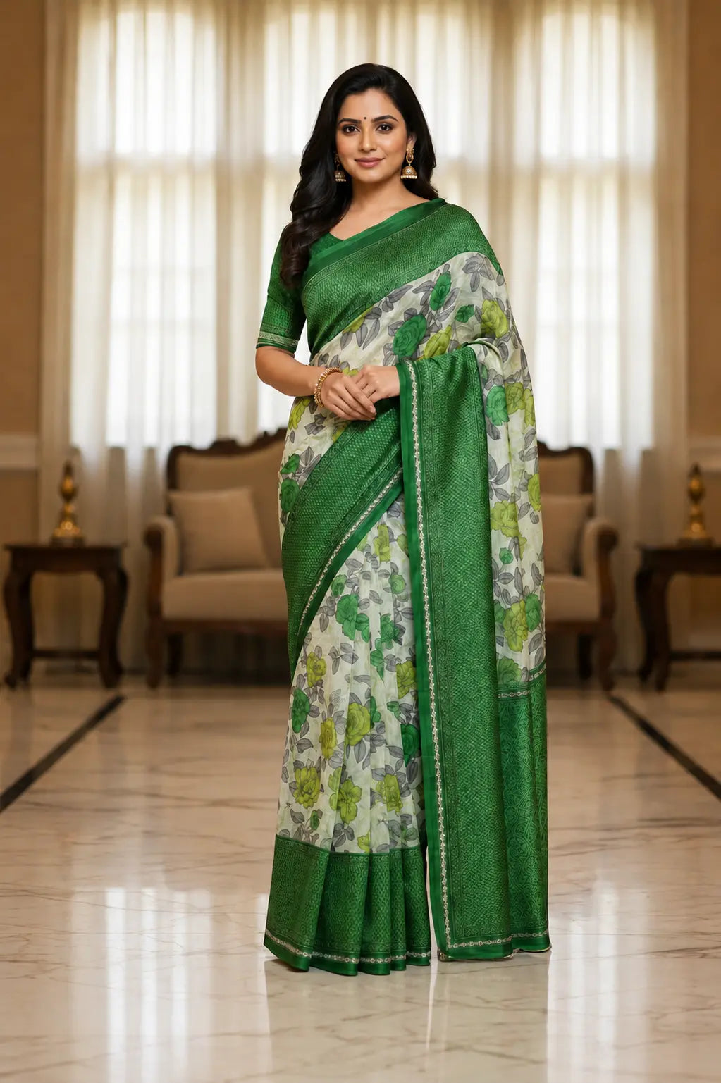 Green cotton saree with floral print and green border, draped over one shoulder.