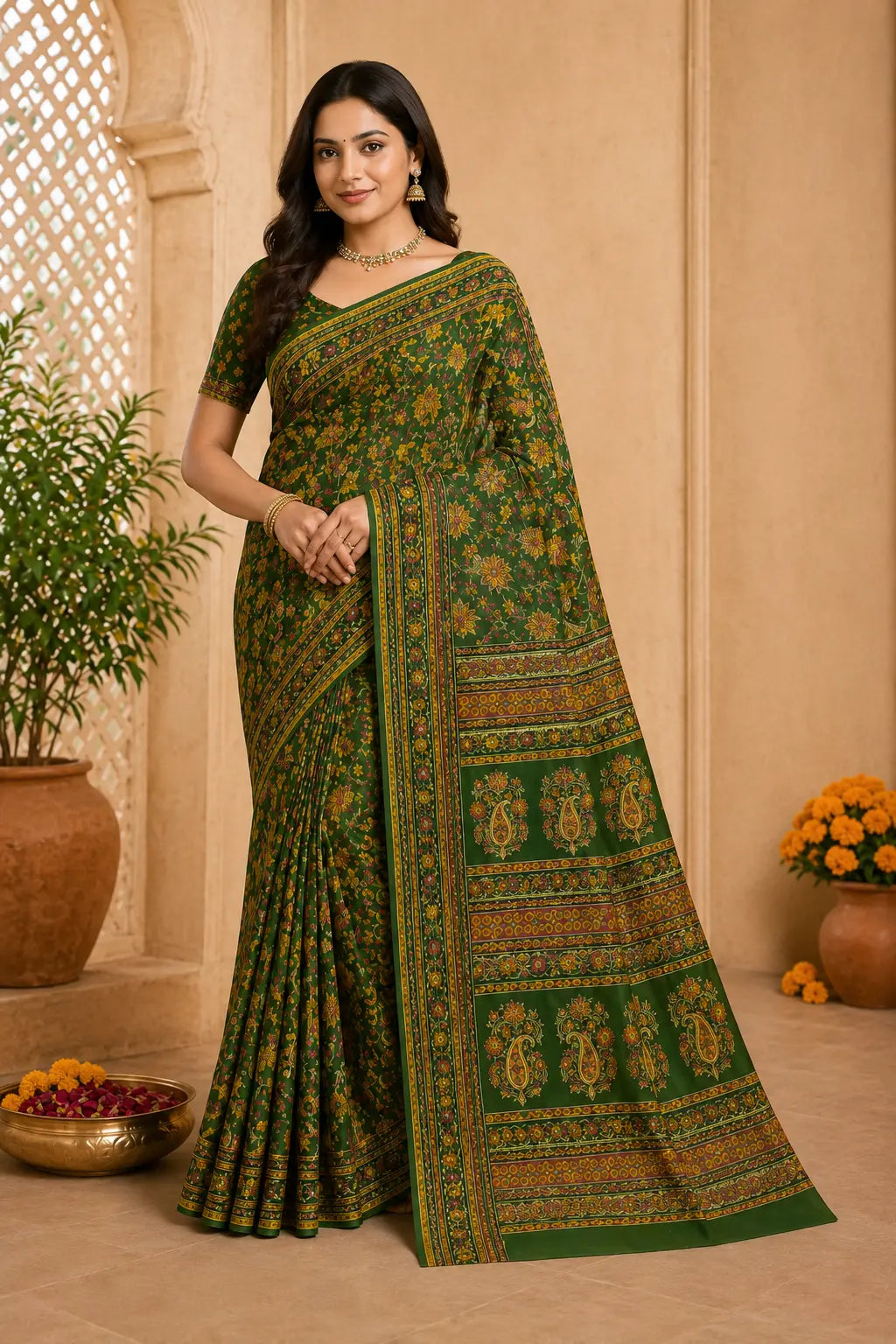 Green floral saree with wide contrasting border and pleated drape