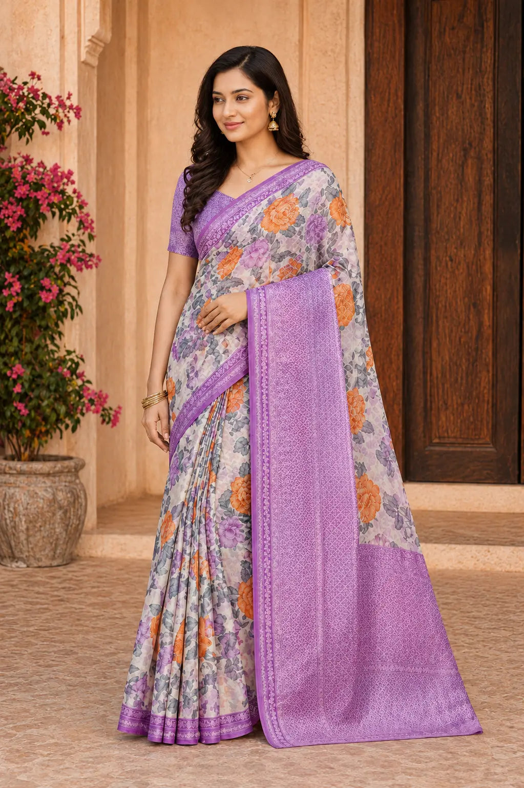 Lavender saree with multicolor floral print and decorative border, draped on model