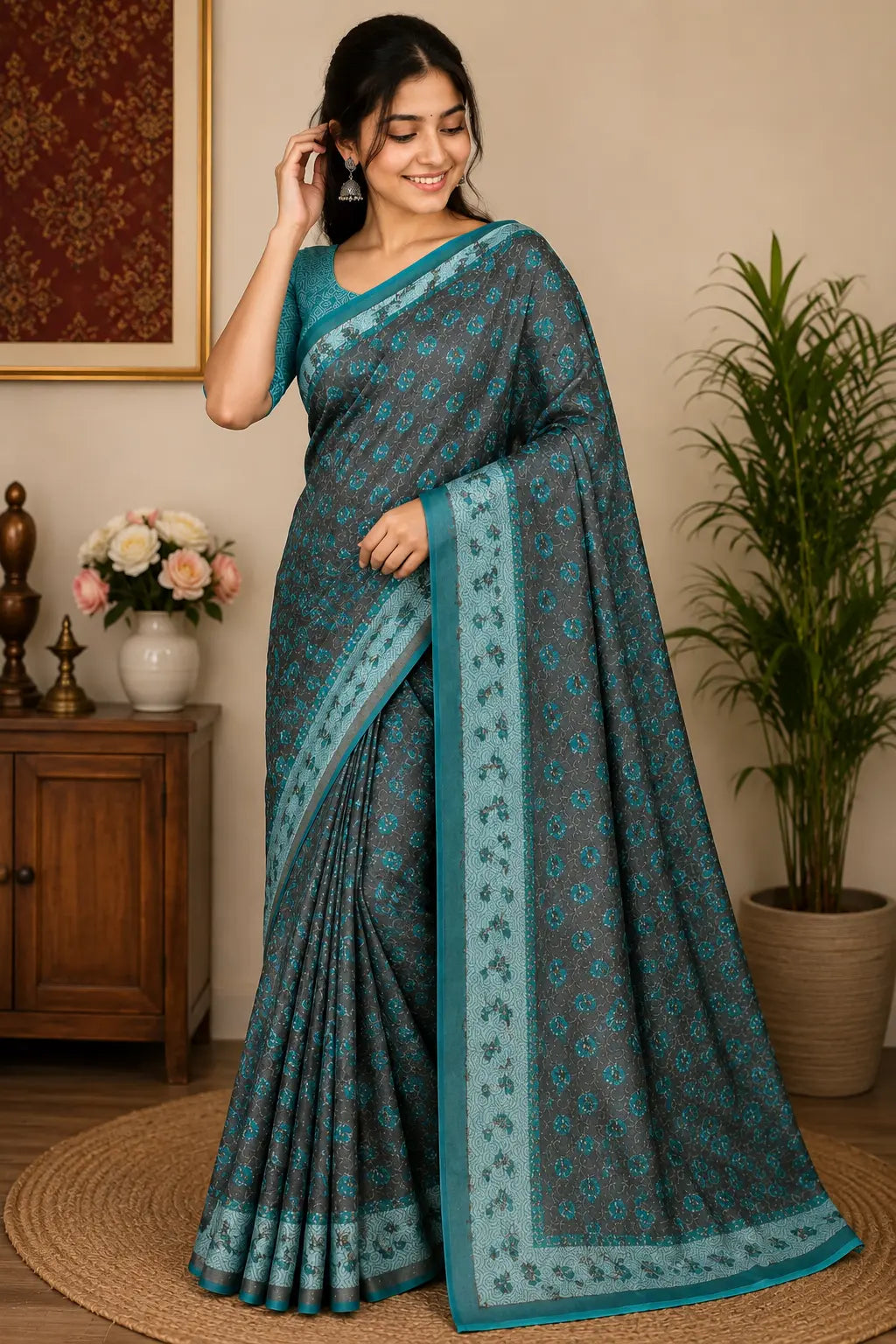 Teal floral saree with border and allover motifs, draped on model