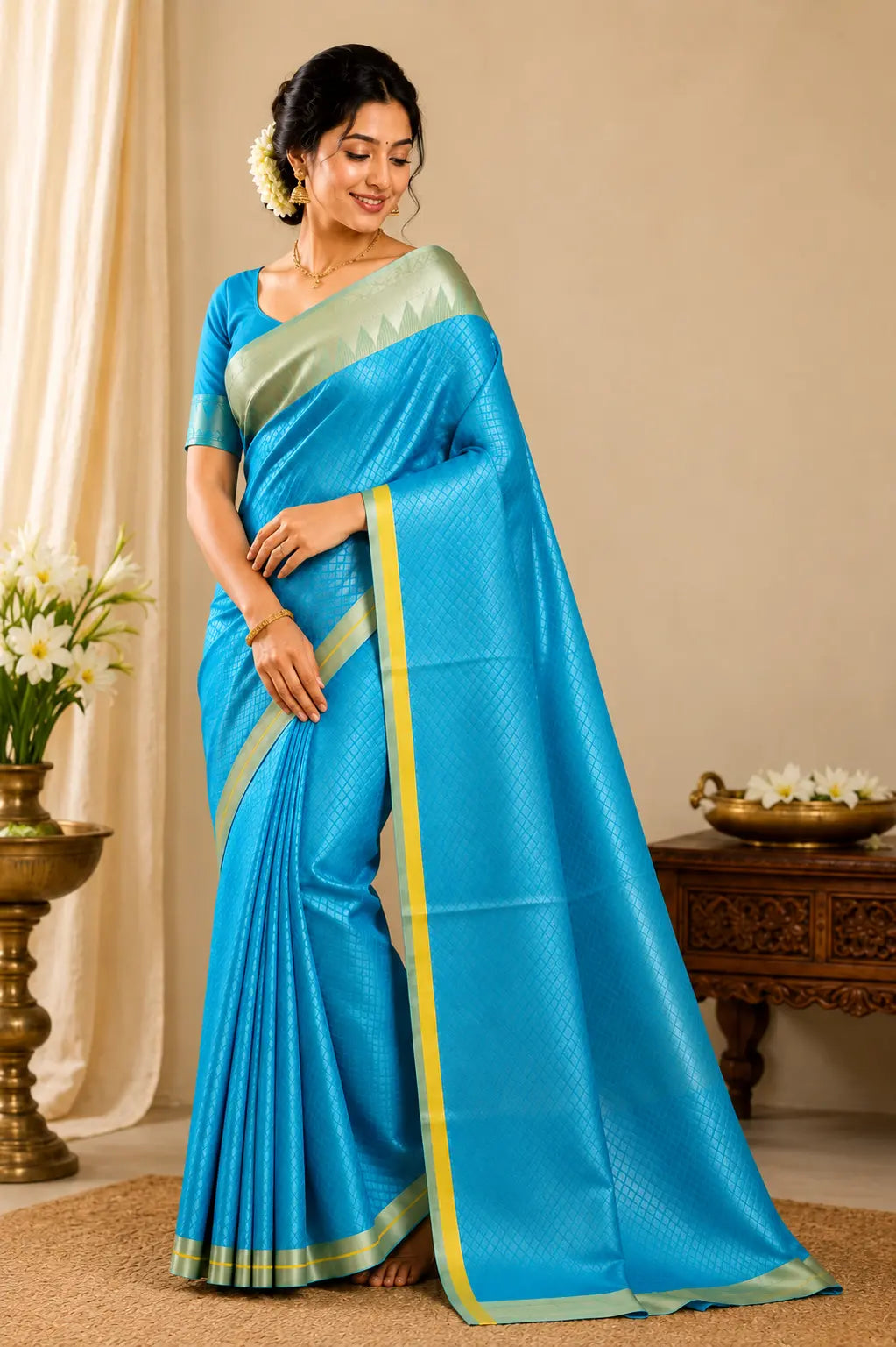 Sky blue silk saree with light green and gold border, draped with pallu