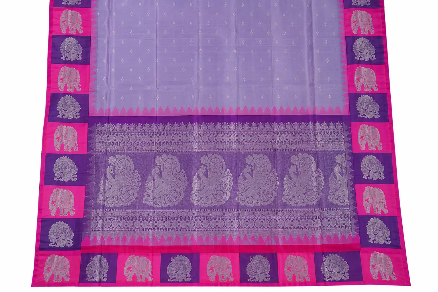Lavender silk saree with magenta border and elephant motifs