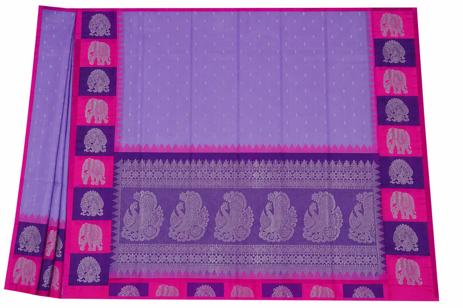 Lavender silk saree with patterned center stripe and magenta elephant border