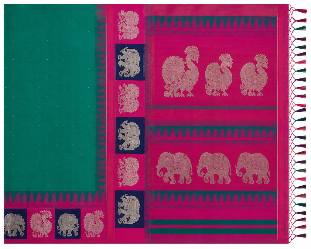 Teal silk saree with magenta border and elephant, rooster and peacock motifs