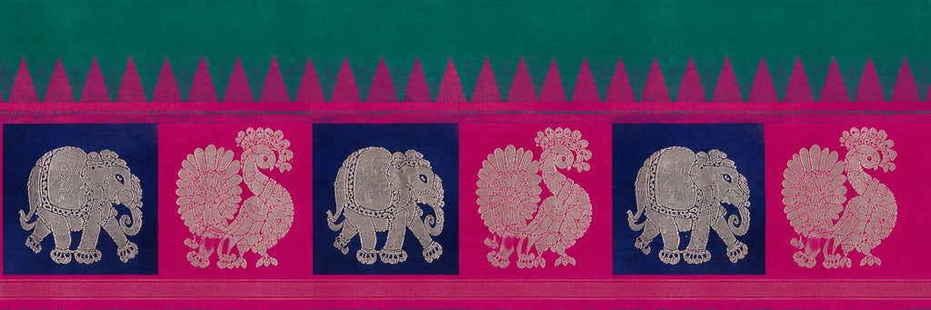 Teal silk saree border with repeating elephant and bird motifs in blue and pink