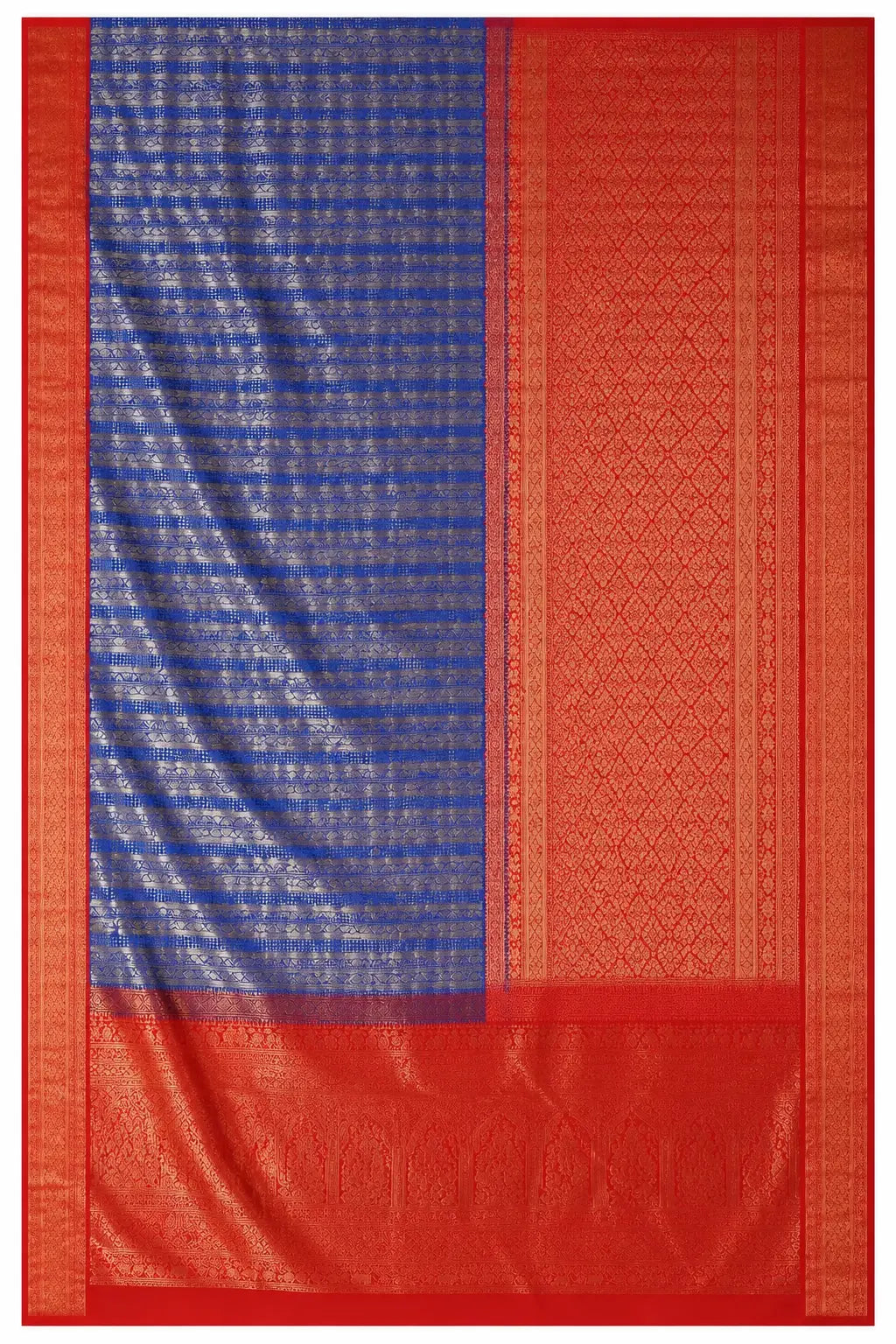 Silk saree with blue textured pattern and red woven pallu panel