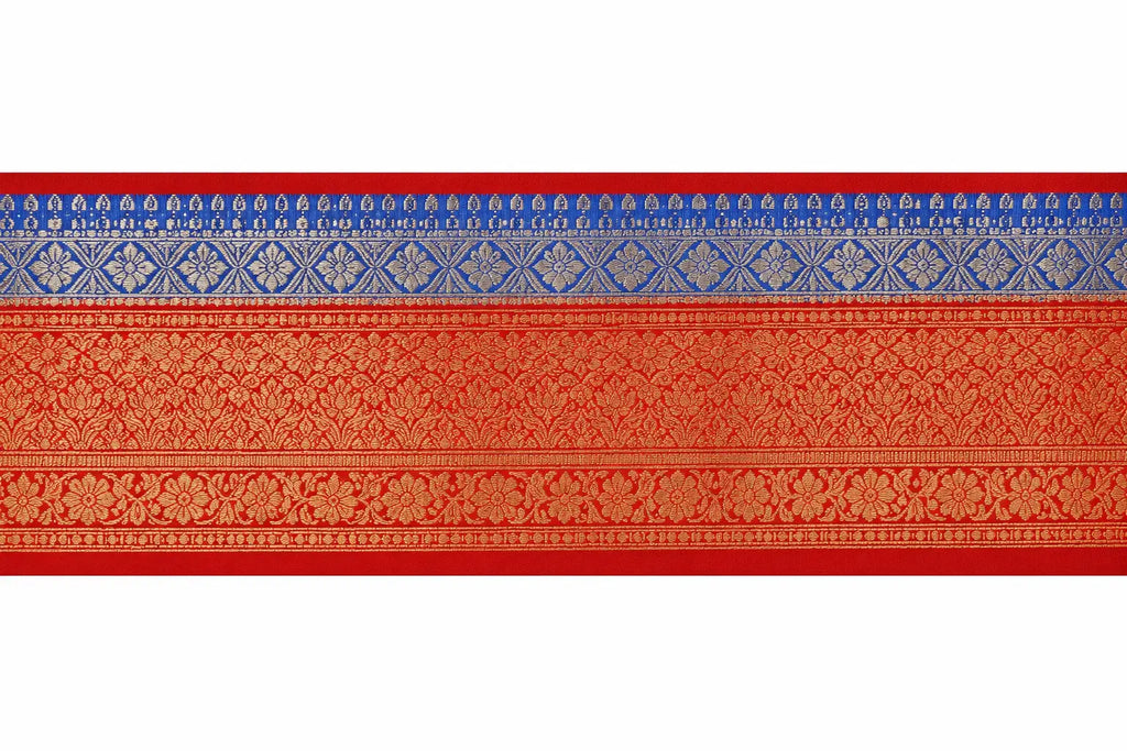 Blue silk saree border with red band and woven geometric motifs