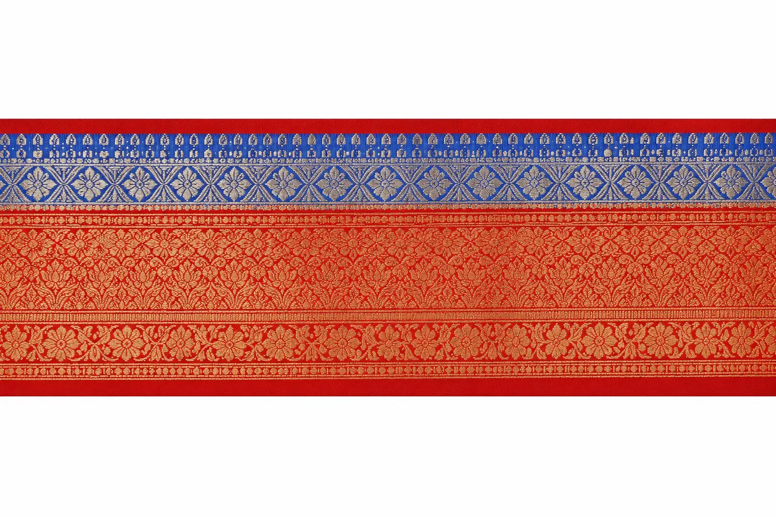 Blue silk saree border with red band and woven geometric motifs