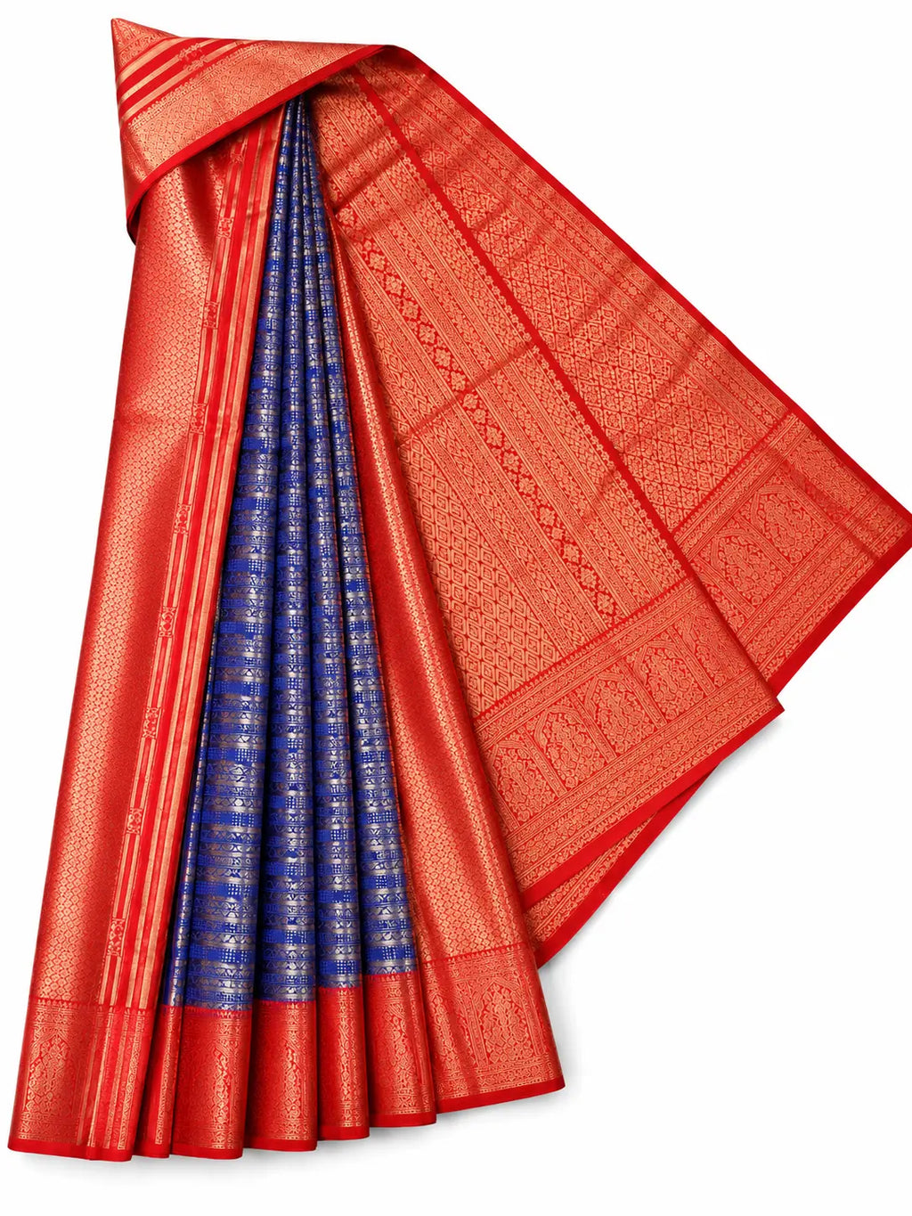 Draped silk saree with red pallu, blue striped body, and gold woven motifs