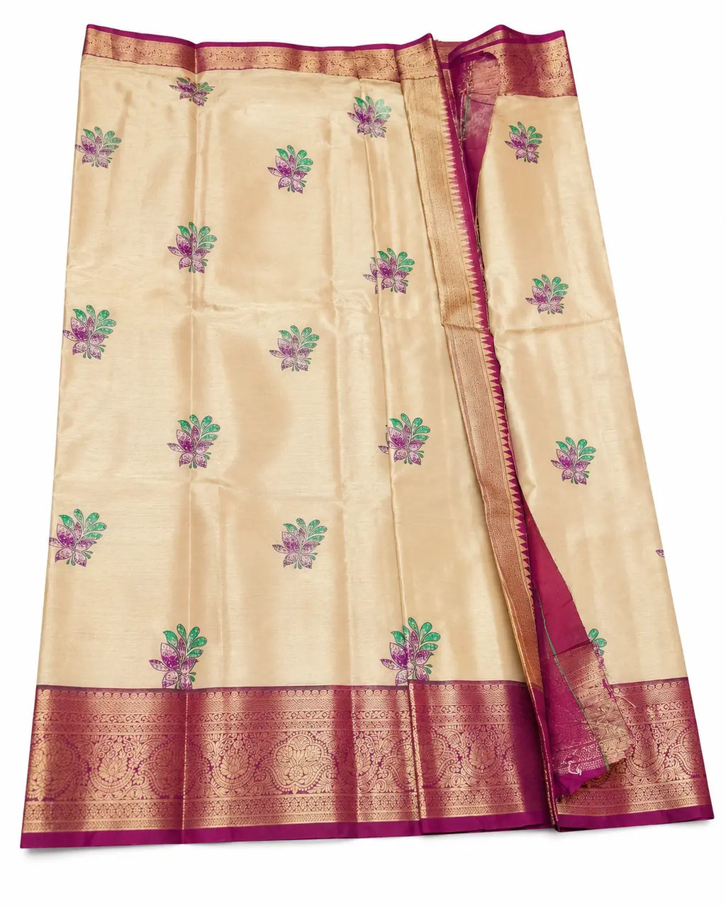Golden yellow saree with purple floral motifs and maroon/gold border