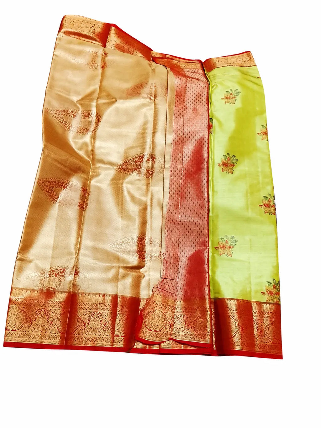 Green pattu saree with gold weave, red border, and green pallu with floral motifs