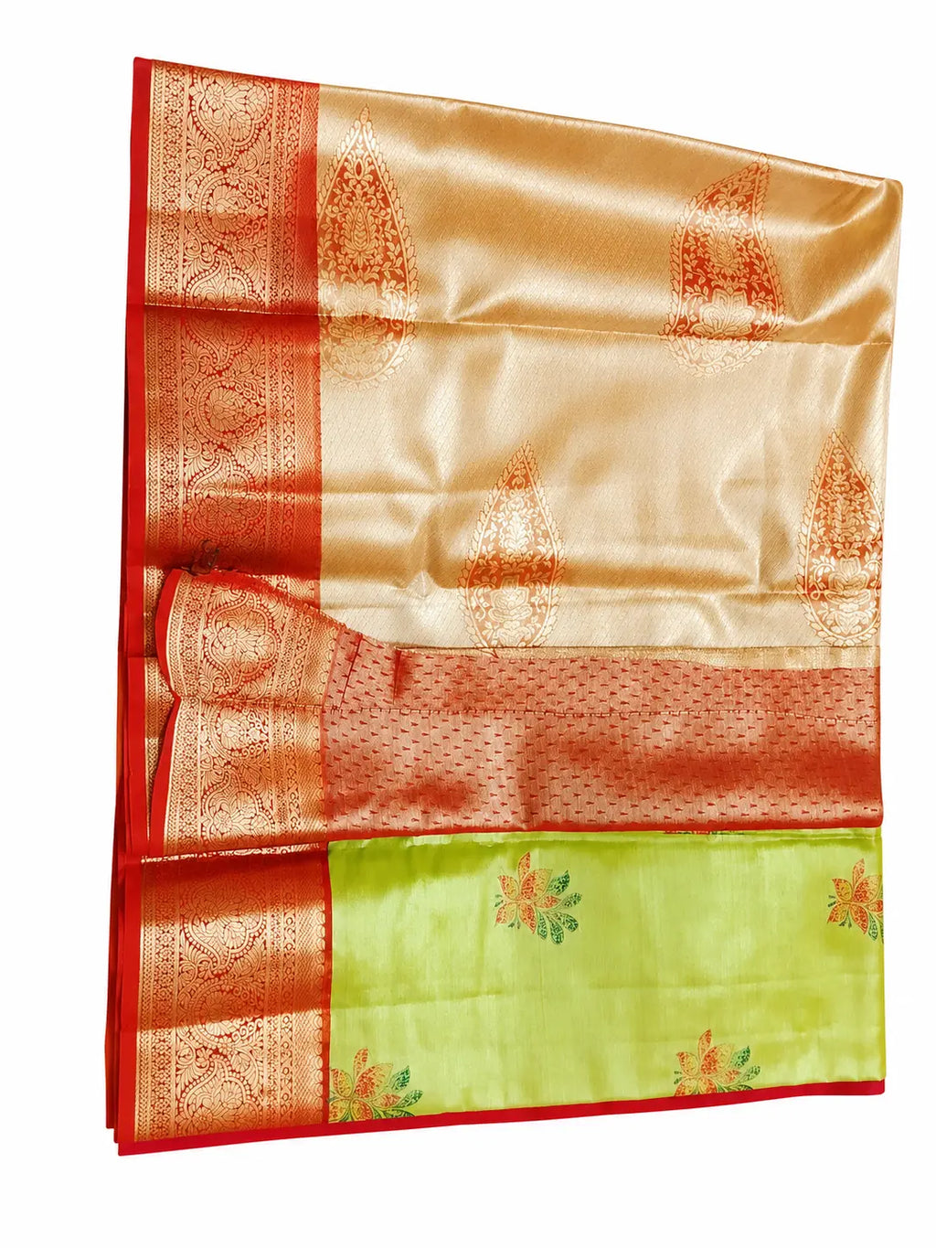 Green pattu saree with gold motifs, red border, and contrasting green panel