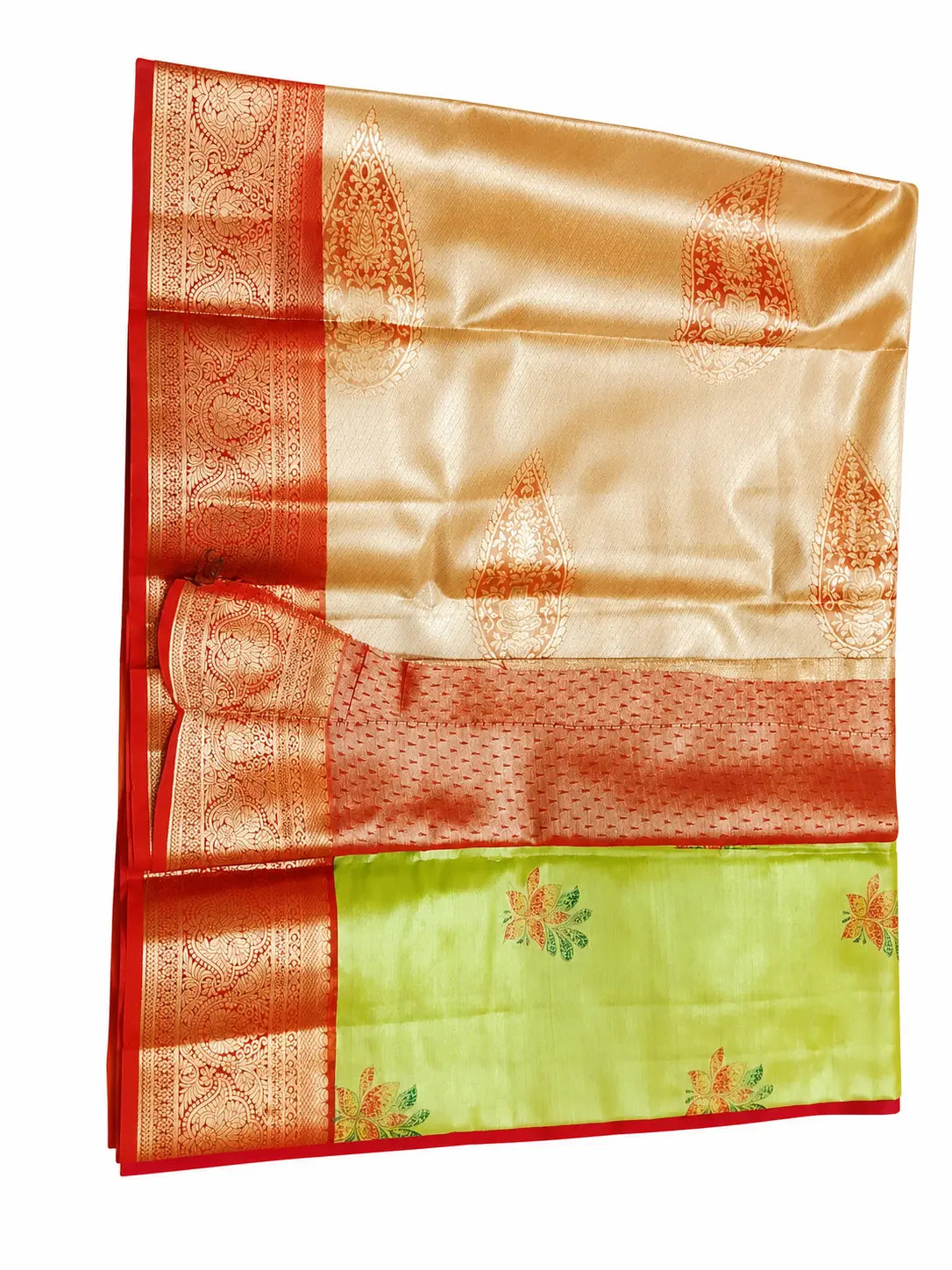 Green pattu saree with gold motifs, red border, and contrasting green panel