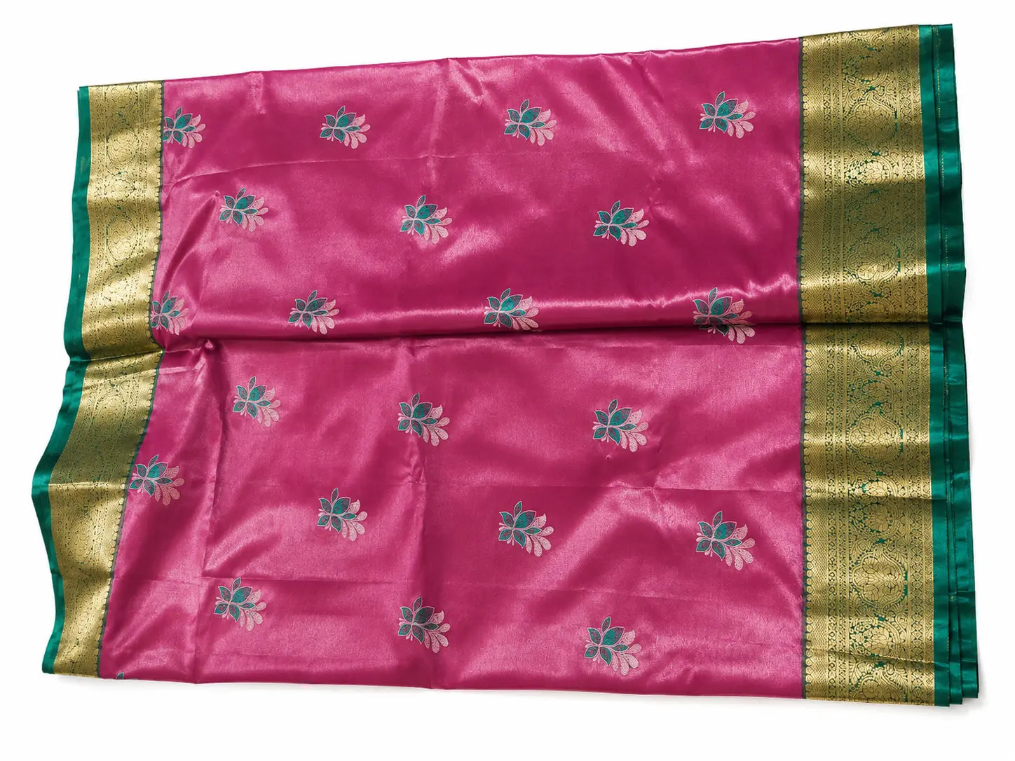 Pink pattu saree, pink with teal floral motifs and teal-gold border