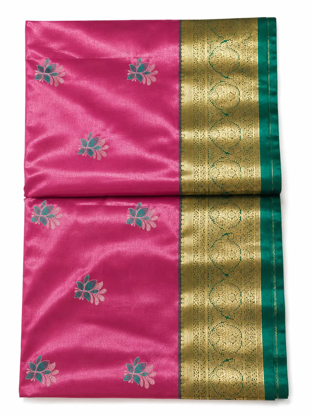 Pink pattu saree folded, teal floral motifs with teal-gold woven border