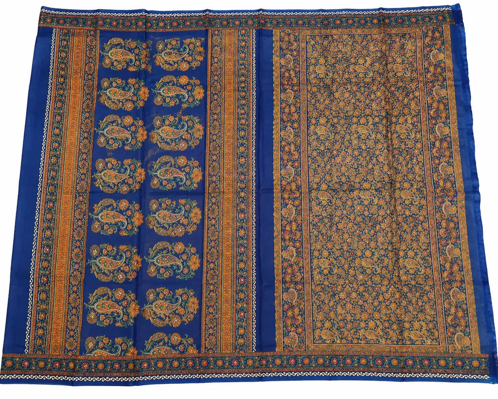 Teal floral saree with ornate border and gold pattern panels