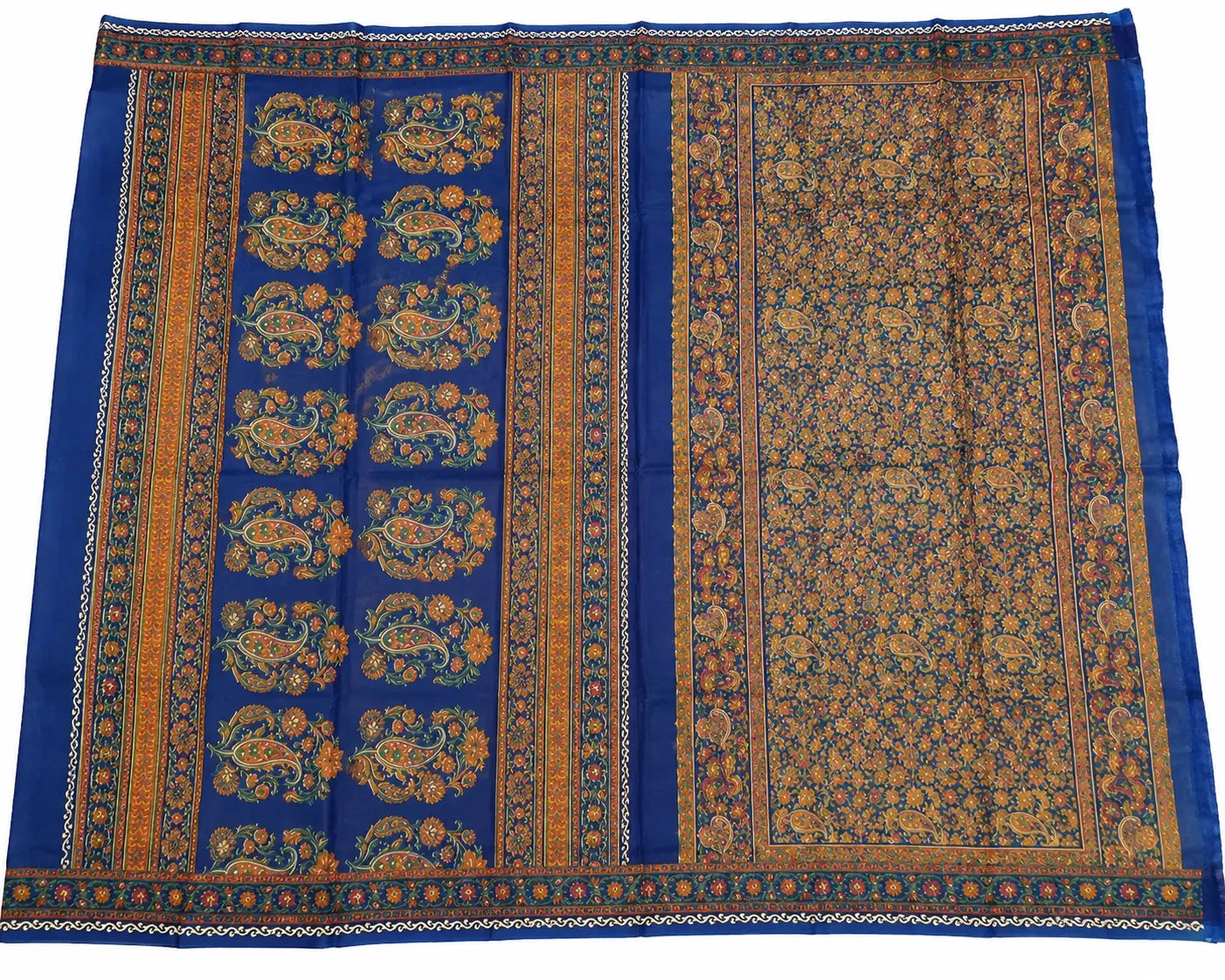 Teal floral saree with ornate border and gold pattern panels