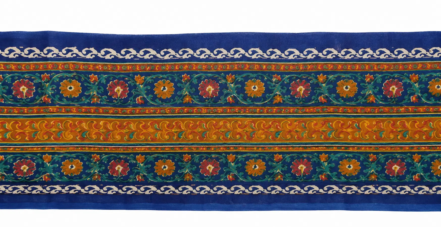 Blue-green floral saree border with repeating medallions and decorative trim