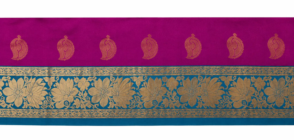 Magenta saree border with repeating gold ear motifs and blue-gold floral band