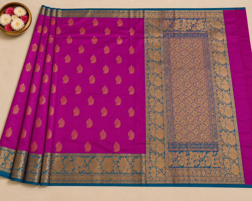 Magenta silk saree with gold motif border and blue-gold pallu