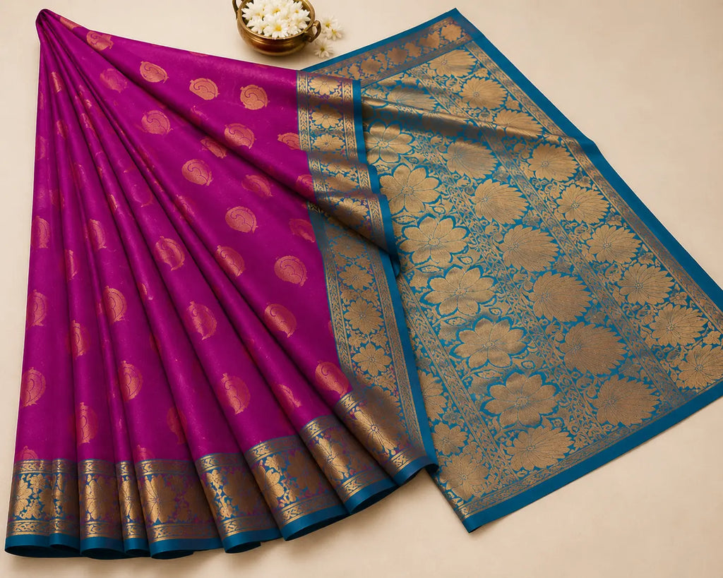 Magenta silk saree draped with gold motifs, paired with blue-gold pallu