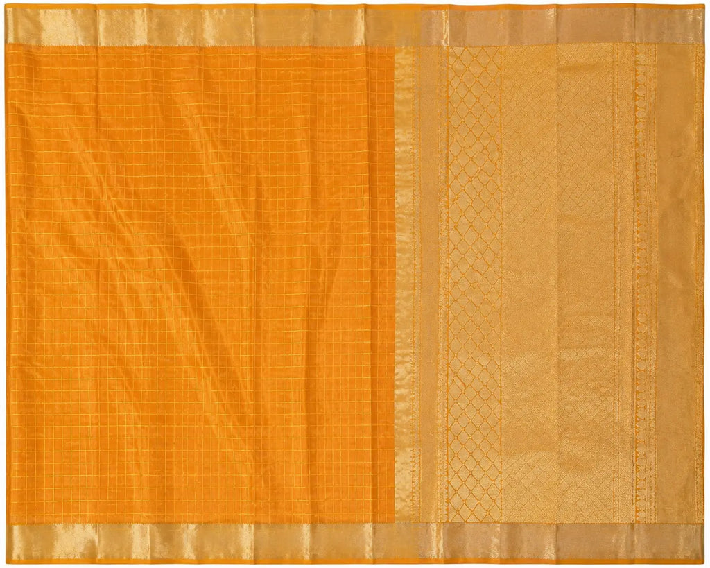 Mustard silk saree with gold woven border and patterned pallu panels