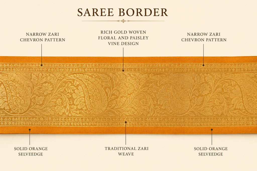 Gold zari saree border with woven vine motifs on mustard fabric