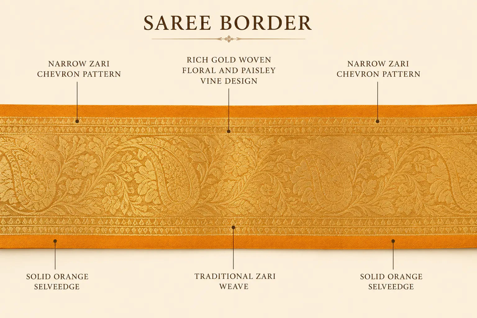 Gold zari saree border with woven vine motifs on mustard fabric