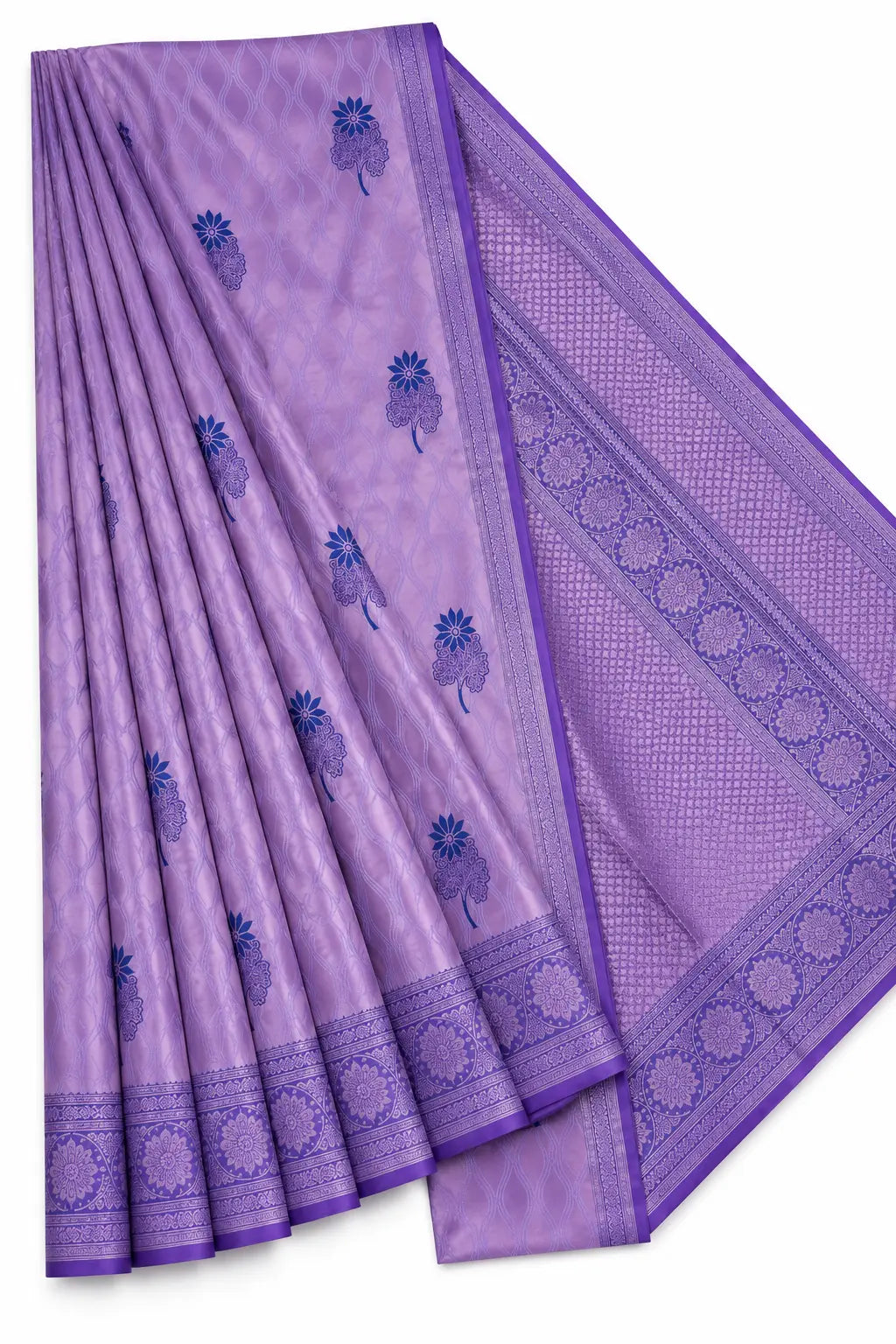 Lavender saree with floral motifs and woven border, pleated drape and pallu