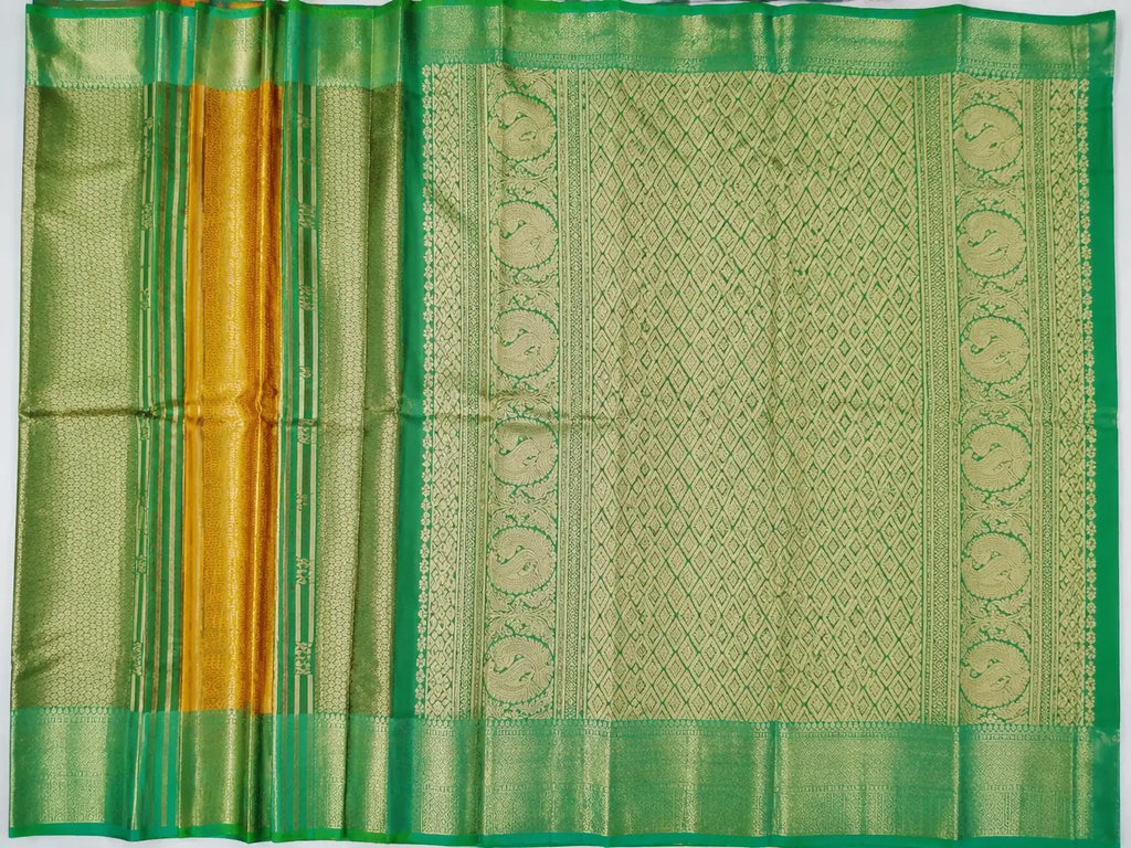 Green Kanchipuram silk saree with gold and green woven border, textured body pallu