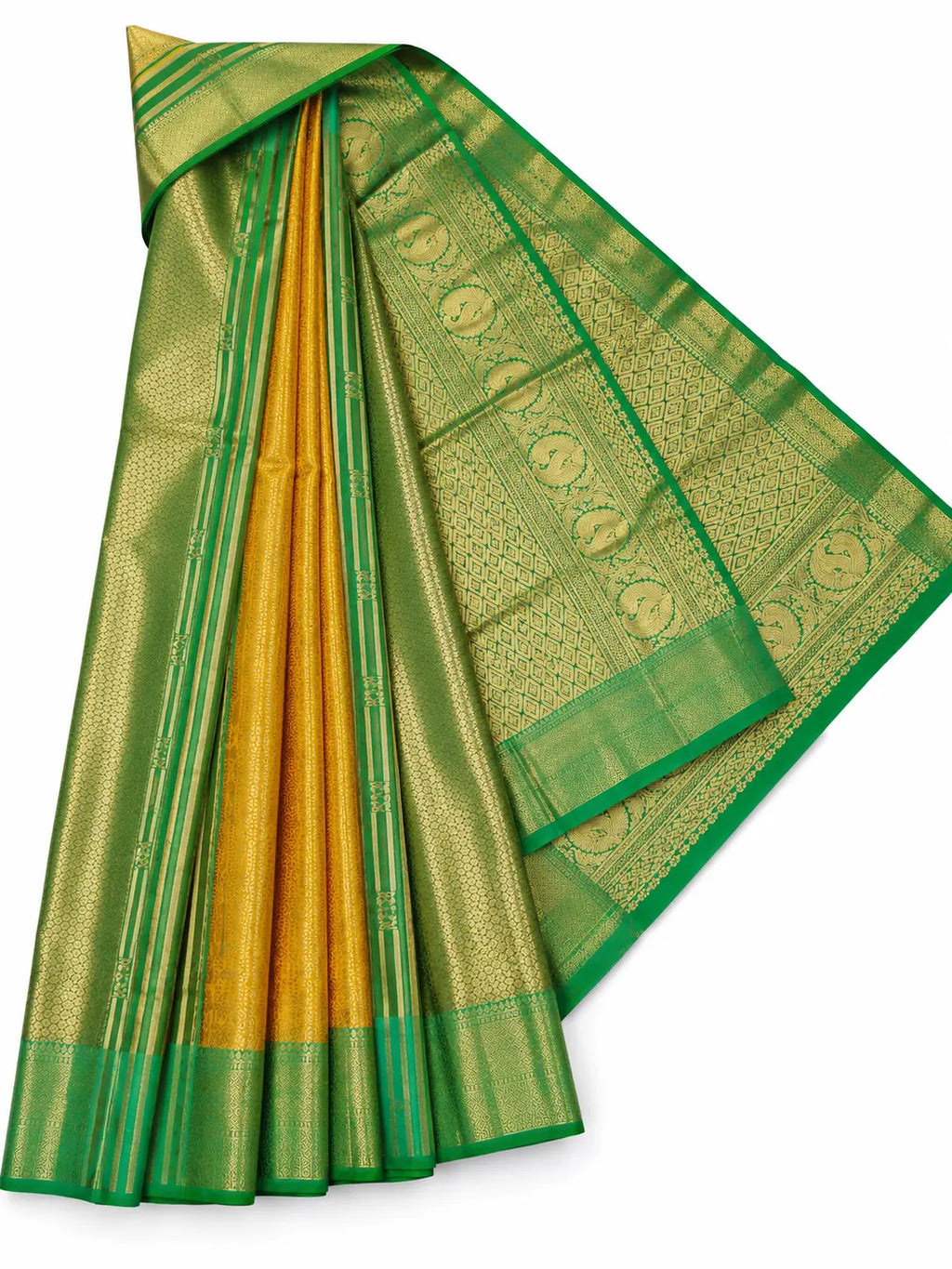 Green Kanchipuram silk saree drape with gold panel and green zari border