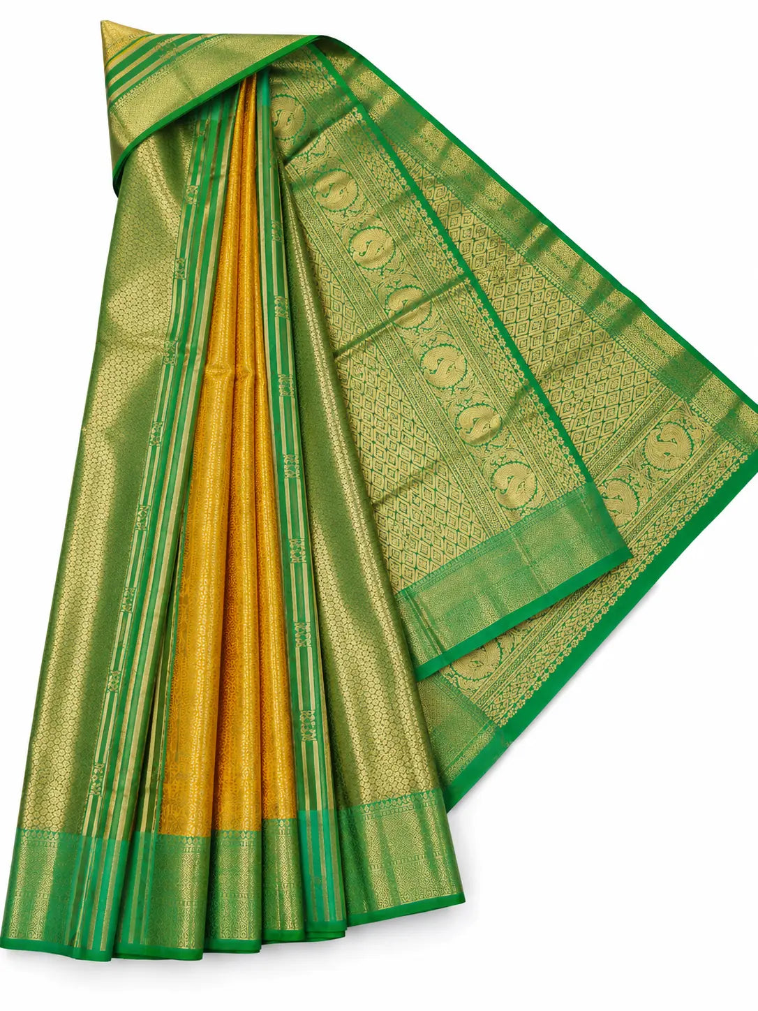Green Kanchipuram silk saree drape with gold panel and green zari border