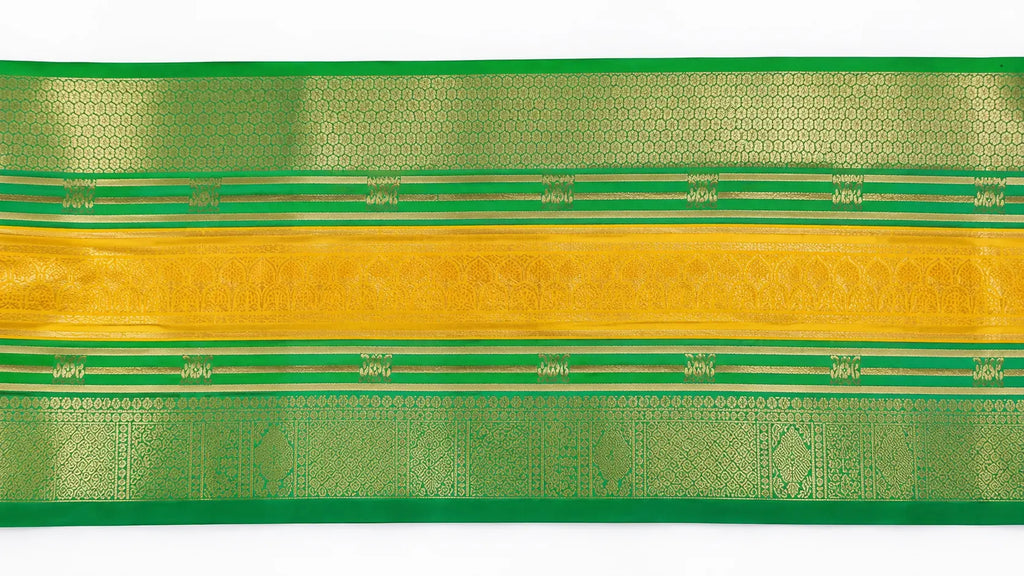 Kanchipuram silk saree border detail in green with gold stripes and woven motifs