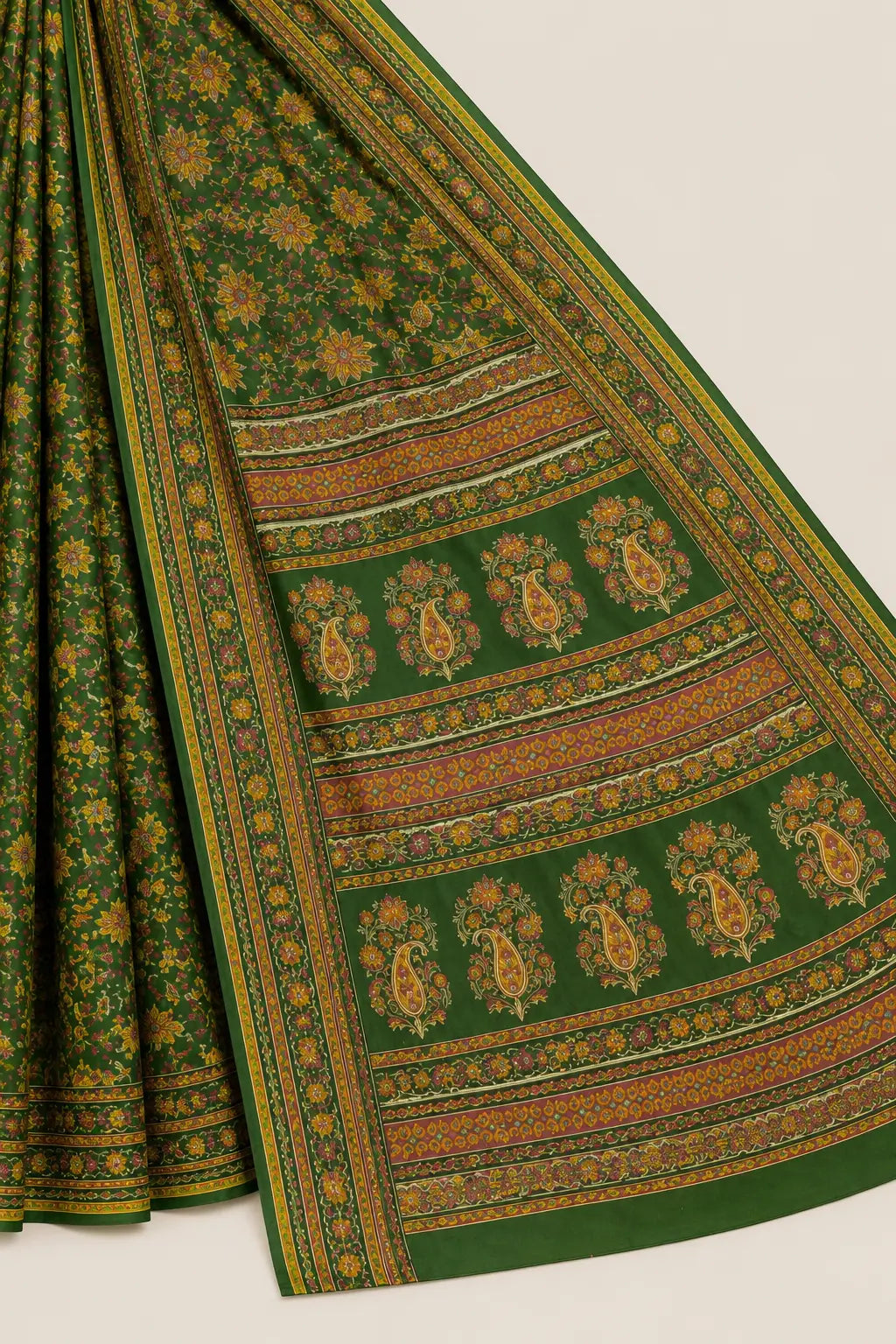 Green floral saree with multicolor border and patterned pallu, draped fold