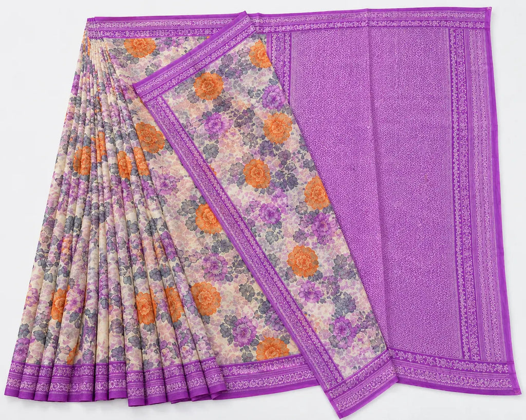 Lilac saree with floral pallu and purple woven border panel