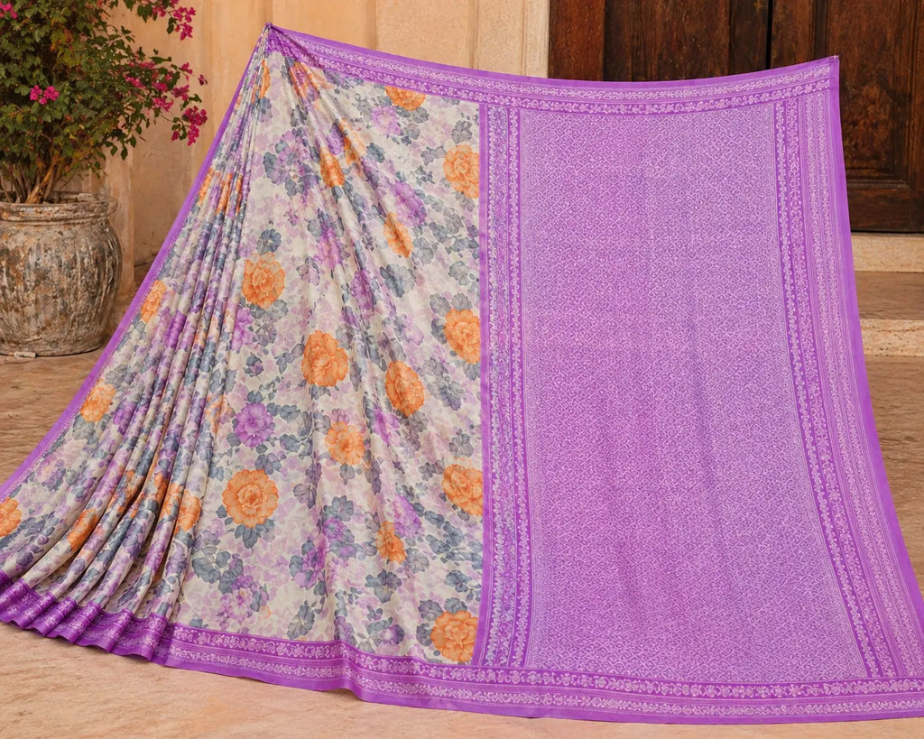 Lilac saree with floral pallu and plain textured body, purple edge