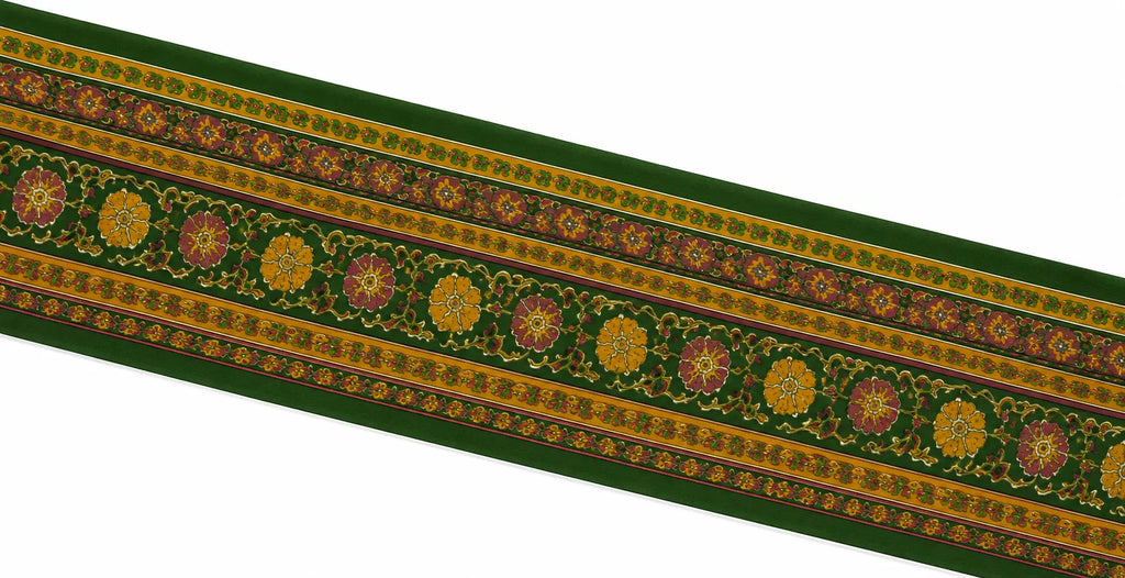 Green floral saree border strip with gold and red motifs along edge