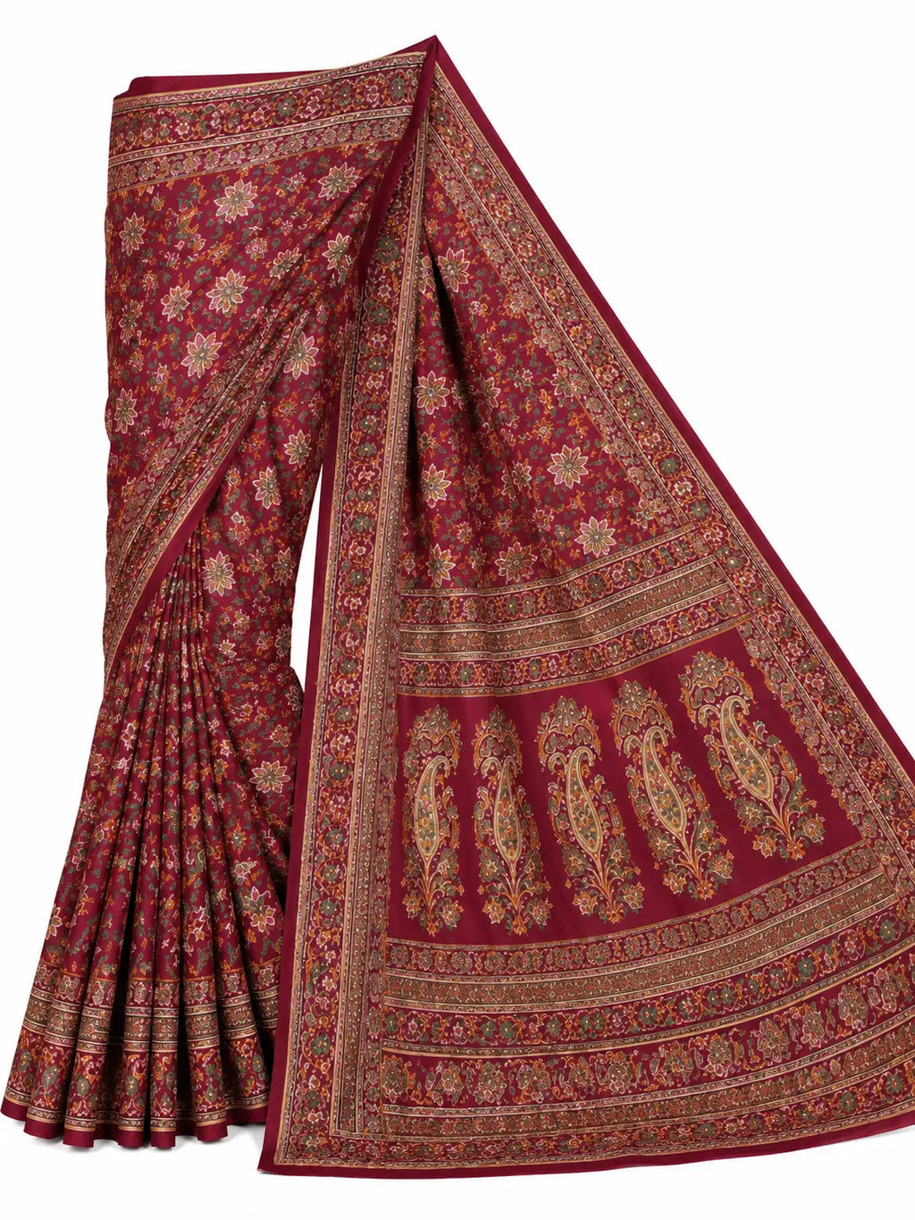 Maroon saree drape with wide border, floral motifs, and pleated skirt edge