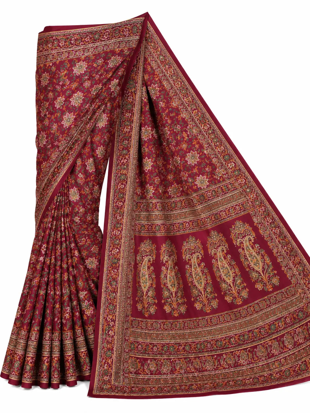 Maroon saree drape with wide border, floral motifs, and pleated skirt edge