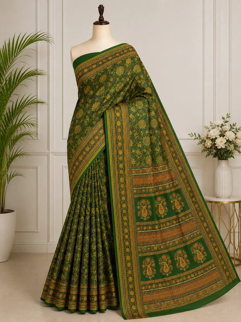 Green floral saree with wide patterned border, worn draped over shoulder