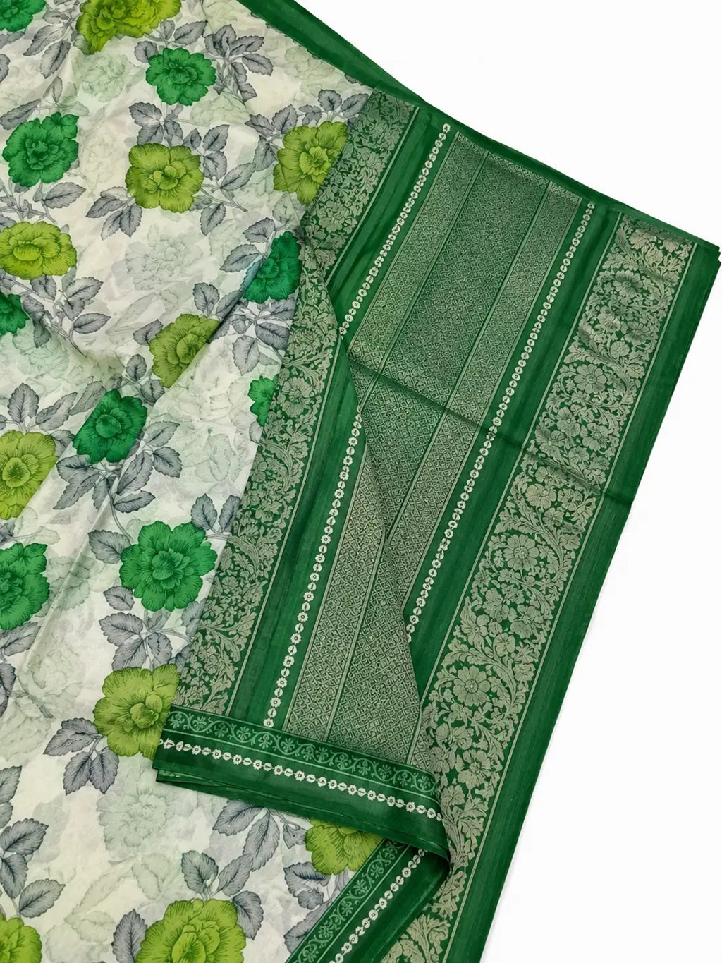 Green cotton saree pallu with textured green panel and decorative border