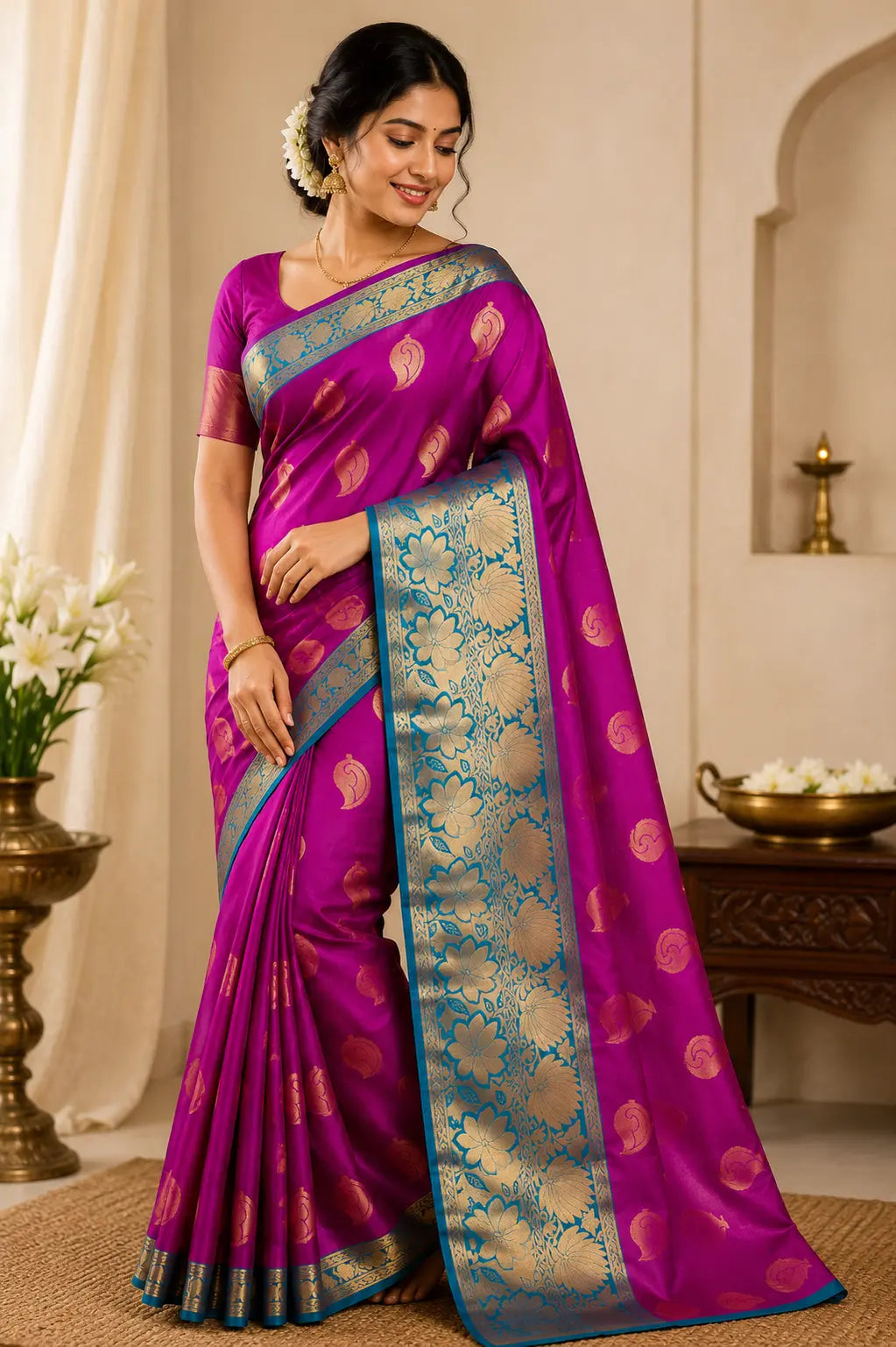 Magenta silk saree with teal contrast border and gold motifs